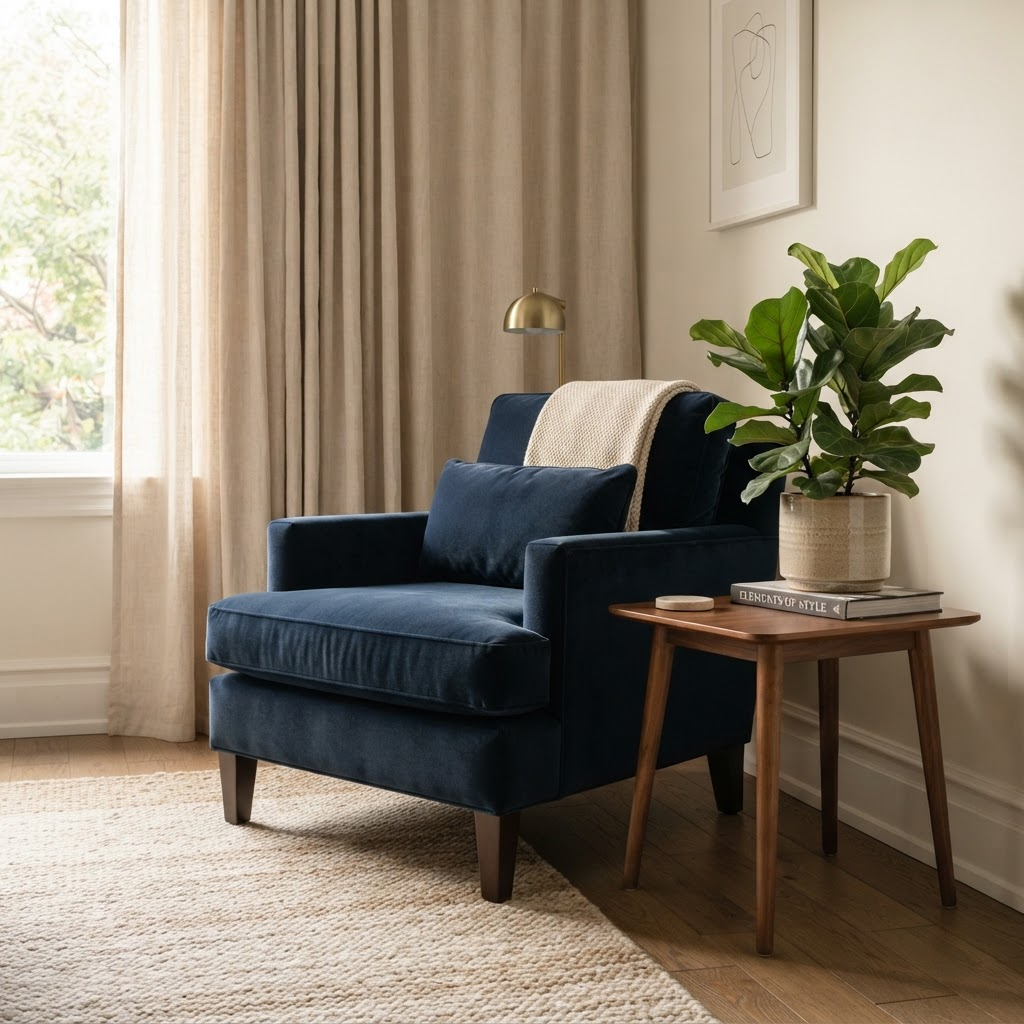 Navy blue velvet armchair beside a potted plant