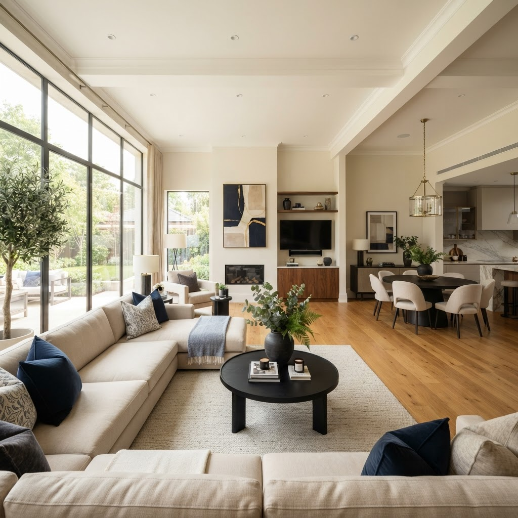 Elegant modern living room with beige sectional sofa and navy accents