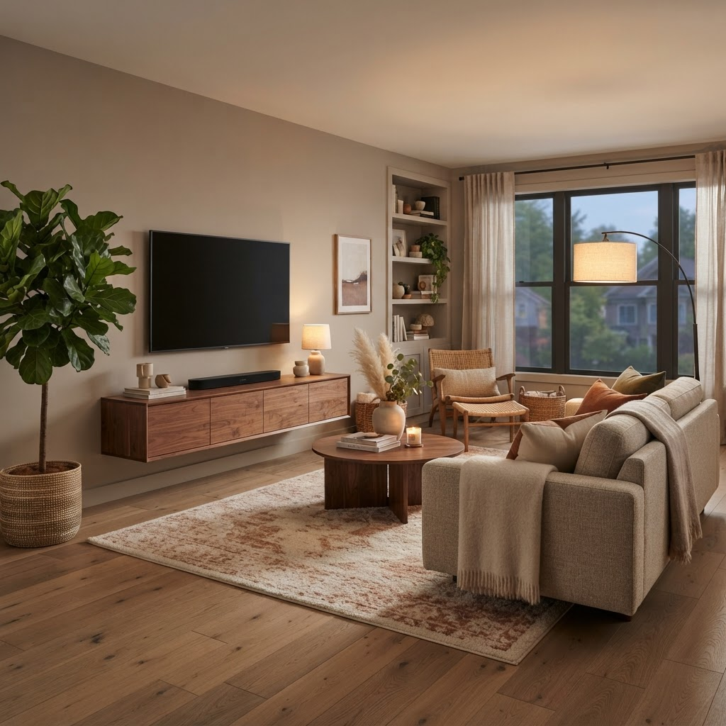 Modern living room with wall-mounted TV