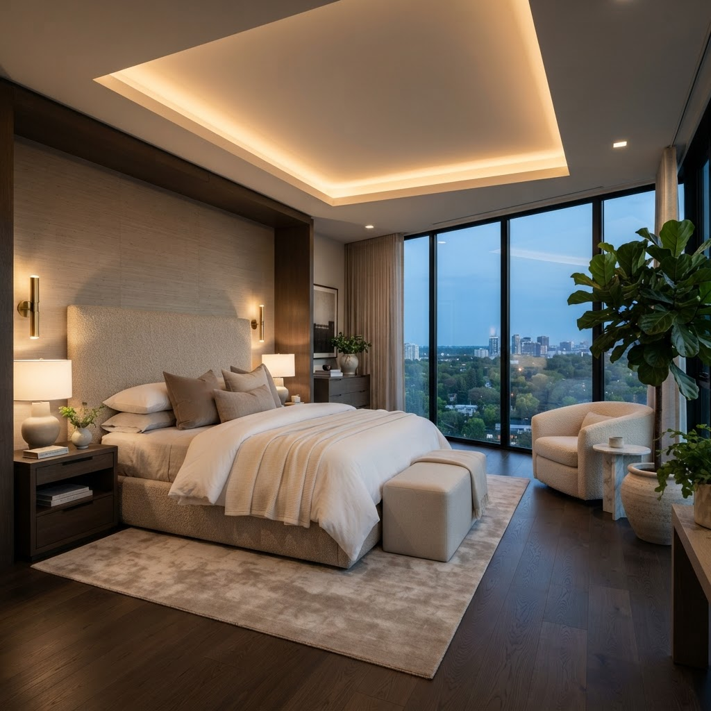 Luxurious modern bedroom with cove lighting
