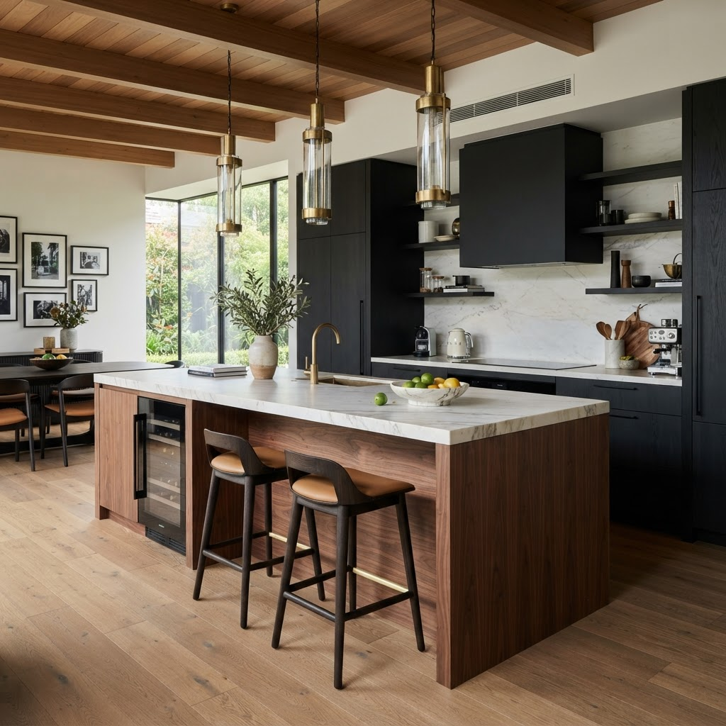 Modern kitchen with island and bar stools